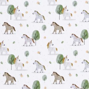 Tela de jersey de algodón orgánico Caballos y unicornios Impresión digital – blanco lana, 