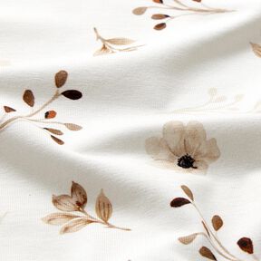 GOTS Tela de jersey de algodón Impresión digital de flores y ramas en acuarela – blanco/marrón claro, 