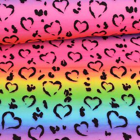 Tela de jersey de algodón Leopardo corazones arcoíris | Glitzerpüppi – negro/mezcla de colores, 