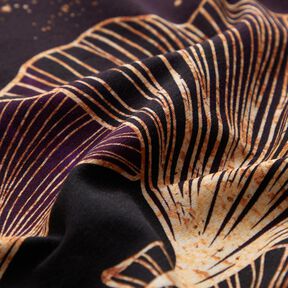 Tela de jersey de algodón Tela de cenefa con hojas de Ginkgo dorado | Glitzerpüppi – ciruela/uva, 