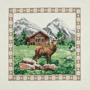 Panel decorativo Tapiz Refugio de montaña y ciervos – marrón/verde, 