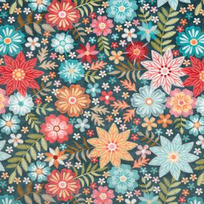 Terciopelo decorativo Flores bordadas – petroleo/carmín, 