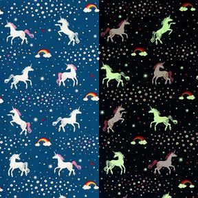 Tela decorativa Unicornios bailando Brilla en la oscuridad – azul océano/rosa, 