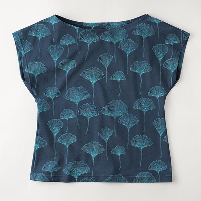 Tela de jersey de algodón Hojas de ginkgo – azul marino,  image number 6